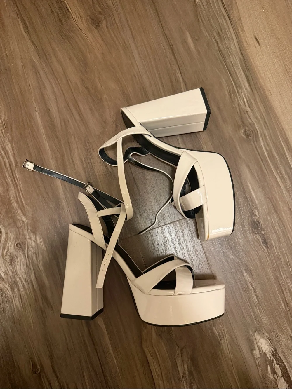 Zara Cream Patent Platform Block Heel Sandals